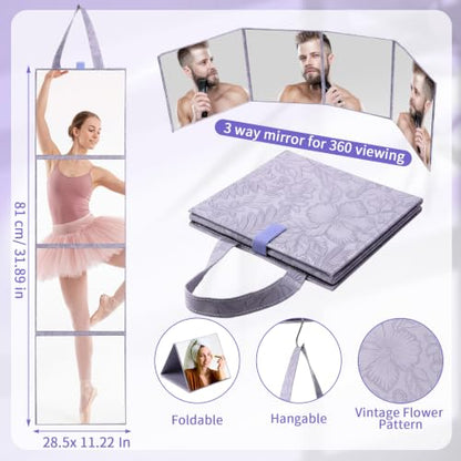3 Way Foldable Full Length Mirror with Handle 31.89 x 11.22 Inches Leather Portable Camping Travel Hanging Folding Body Mirror for Makeup Dance Fitness Spa Hair Styling(Morandi Purple,Retro)