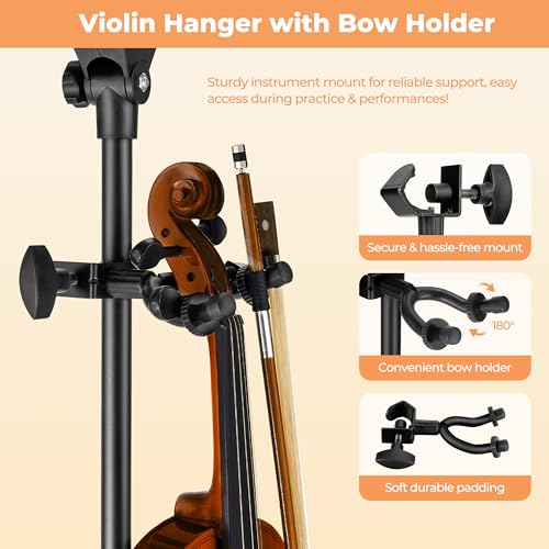 Vangoa Sheet Music Stand, Professional Portable Music Stand for Sheet Music with Violin Hanger, Folding Sheet Music Folder Music Instrument Stand with Carrying Bag, MD-3 - size: Music Stand + Violin Hanger