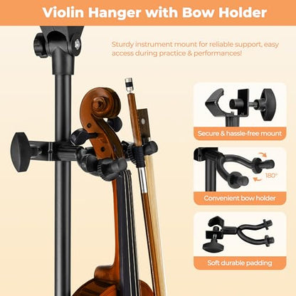 Vangoa Sheet Music Stand, Professional Portable Music Stand for Sheet Music with Violin Hanger, Folding Sheet Music Folder Music Instrument Stand with Carrying Bag, MD-3 - size: Music Stand + Violin Hanger