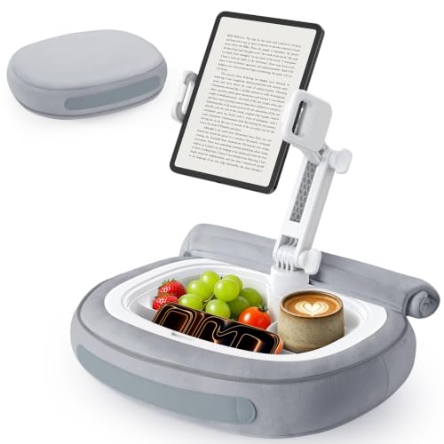 RIWUCT Tablet Pillow Stand for Bed, [Adjustable & Stable] Kindle Holder for 5-12.9" Phone/iPad/Tablet/E-Reader with 360° Rotating Clip & Snack Bowl, for iPad Stand Hands-Free Reading on Bed/Sofa, Gray - color: Gray