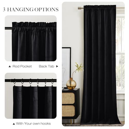 NICETOWN Black Out Velvet Curtains 98 inch Long - Room Darkening Rod Pocket Drapes, Super Soft Luxury Window Treatments for Bedroom and Living Room, 52" Wide Each Panel, 2 Panels - color: Black Series - Black, size: 52"W x 98"L (Pack of 2)