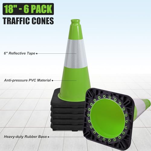 6 Pack 18" Inch Green PVC Traffic Cones with Heavy-Duty Base, High-Visibility All-Weather Safety Cones for Road Construction, Parking Lot, and Garage Use (6, Green, 18" Medium) - color: Green, size: 18" Medium