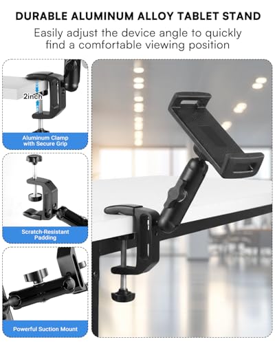 SH ipad Mount for Desk, Tablet Holder for Desk, Kitchen Tablet Holder iPad Mount, 360° Adjustable Aluminum Alloy Arm Stand for Work, Video Call, Bed, Compatible with 4.7"-13" iPad, iPhone, e-Reader - size: AC012-U-Shaped Clamp