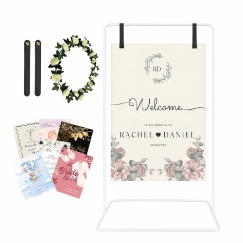 Wedding Welcome Sign Stand Fabric Banner Stand With Design Bundle Rose Vine | Linen Sign Holder Easel Stand for Sign Poster, Bridal Baby Shower With Stand Adjustable Welcome to Our Wedding, White - color: White