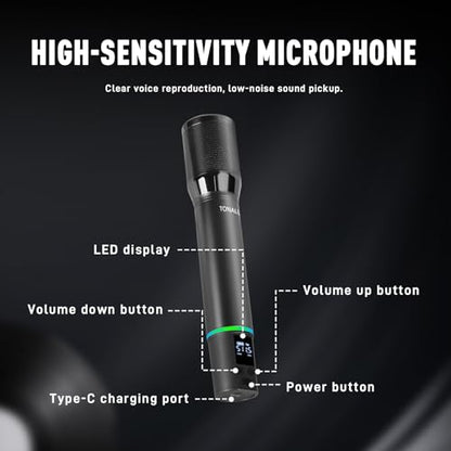 Wireless Microphones, Professional Rechargeable Karaoke Microphone System, Dual Channel UHF All-Metal Portable Mics with 262ft Range for Singing, Speaking, Meetings, Events, Church, Wedding