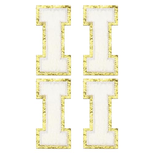 MECCANIXITY Chenille Letter Patches 3.1" Alphabet I Iron on Embroidered Patch Sew on Letter Stickers Applique for Repairing Clothing Jeans Shoes Hats DIY(White, Pack of 4) - style: Letter-I