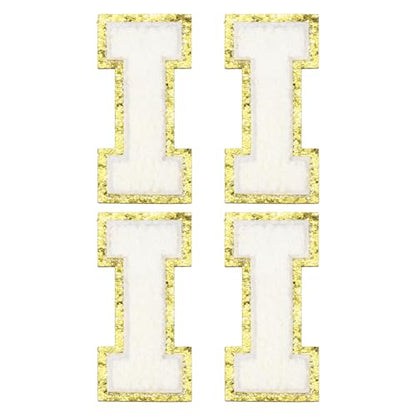 MECCANIXITY Chenille Letter Patches 3.1" Alphabet I Iron on Embroidered Patch Sew on Letter Stickers Applique for Repairing Clothing Jeans Shoes Hats DIY(White, Pack of 4) - style: Letter-I