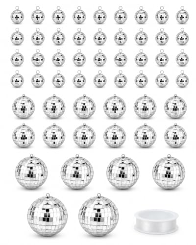 Youdepot 54PCS Mini Silver Disco Balls Hanging Disco Ball Ornaments - size: 1.2 - 3.1 in