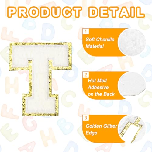MECCANIXITY Chenille Letter Patches 3.1" Alphabet T Iron on Embroidered Patch Sew on Letter Stickers Applique for Repairing Clothing Jeans Shoes Hats DIY(White, Pack of 4) - style: Letter-T