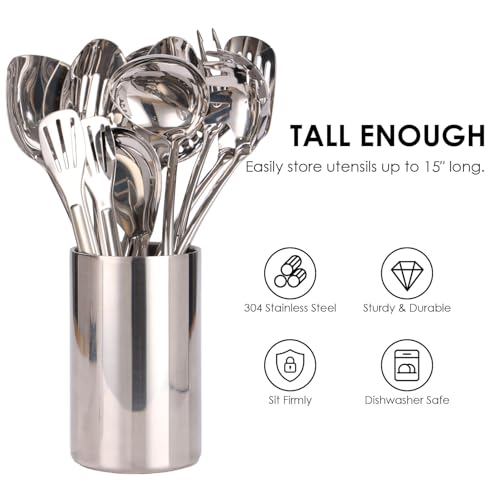 Double Wall Utensil Holder, 304 Stainless Steel Sleek Holder for Countertop | Kitchen Utensil Holder - Spatula Spoon Storage Organizer, Large Utensil Caddy Counter, Shining Utensil Crock, Mirror Polish