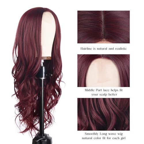 Aida ble Long Wine Red Wig for Women 26inch Burgundy Wavy Middle Part Wig | Natural Looking Synthetic Wig,Suitable for Daily Wear,Party,Halloween and Cosplay,Beginner-friendly,Lightweight and soft - color: wine red
