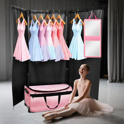 Dance Bag with Garment Rack and Curtain, 28" Rolling Dance Competition Duffle Bag with Garment Rack | Mobile Changing Station Dance Suitcase for Dancer Athlete Livestreamer Cheerleader Cosplayer - color: 28in Glitter Pink