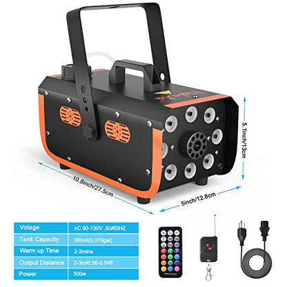HAKUTA Light Rain and Splash Proof Fog Machine, 500W Smoke Machine with 2300 CFM Output of Fog & 2 Remotes, 8 LED Lights with 4 Light Effects for Outdoor Music Festival Pool Party Wedding DJ Stage