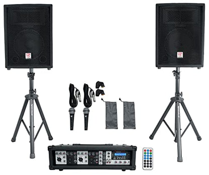 Rockville RPG2X10 V2 10 in Package PA System 200W RMS / 800W Peak, 4-Channel Powered Mixer with Bluetooth, 2 Speakers, 2 Stands, 2 RMM-XLR Mics, USB SD MP3, for DJ Karaoke Events - size: 10"