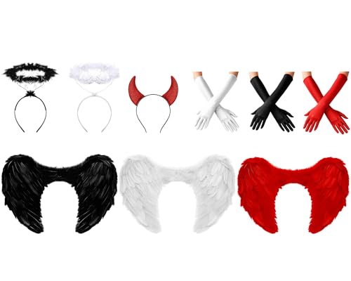 Chuangdi 9 Pcs Angel Wings Costume Set with Headband Gloves Horns Women | White Fairy Black Angel Red Devildom Halloween Costume Wing Headband Satin Gloves Red Horns for Halloween Cosplay Accessories