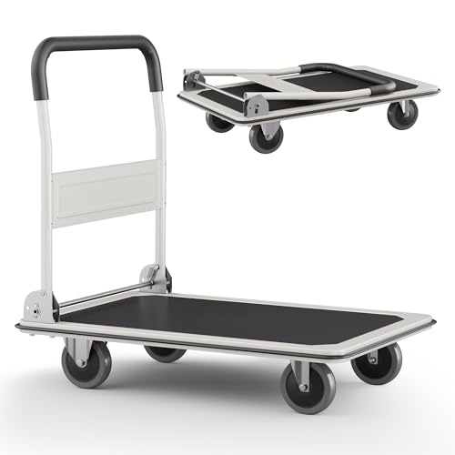Foldable Push Cart Dolly | 330 lbs. Capacity | Heavy Duty Moving Platform Hand Truck with Swivel Wheels | Small Flatbed Cart | Space Saving Push Handle-White - color: Black-330 Lbs. Capacity