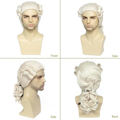 Men's 18th Century Colonial Judge Wig, George Washington Wig Lawyer Aristocrat Curly Costume Wig for Halloween Historical Theme Party (Beige) - color: 3-Beige