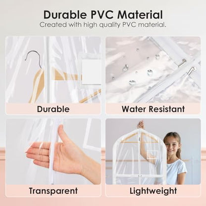 Garment Bags for Dance Costumes, 40in Kids Clear 5-Pocket 3-Pack | Upgraded 40 inch clear white, 5 zipper pockets, for dance costumes/cheer/ballet/travel, 3-pack, hanging storage.