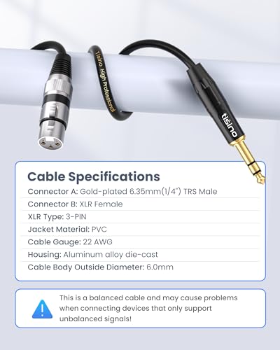 Tisino Female XLR to 1/4'' TRS Microphone Cable, 6.35mm Stereo Jack to 3-pin XLR Female Balanced Interconnect Micphone Cable -10FT | 1/4" 6.35mm to XLR Female Mic Cable for Mixer, Amp, Speaker, Gold-Plated Shielded OFC Interconnect Lead - size: 3m/10ft