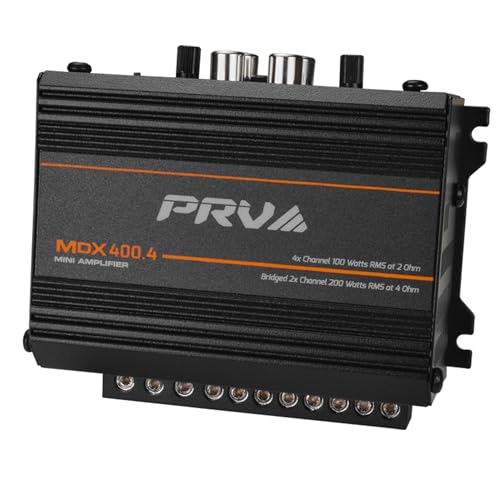 PRV Audio MDX400.4 2 Ohm Mini 4 Channel Car Audio Amplifier 4 x 100 Watts RMS at 2 Ohm - Compact 400x4 Amp Stereo, 400 Watts RMS, 2 Channel bridgedable, Multichannel Full Range