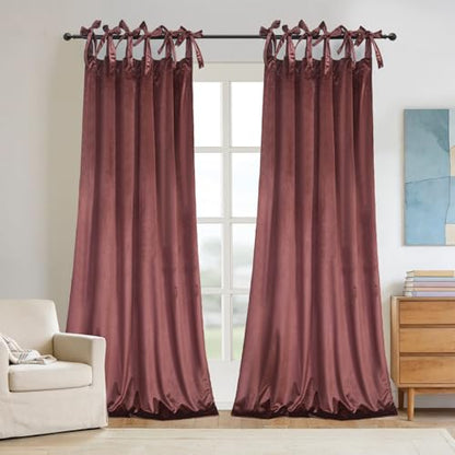 Velvet Tie Top Room Curtain Set- Dusty Rose Bow Tie Design Drapes for Living Room/Bedroom W52 x L96-inch, 2 Panels - color: Dusty Rose, size: 52"W x 96"L (Pack of 2)