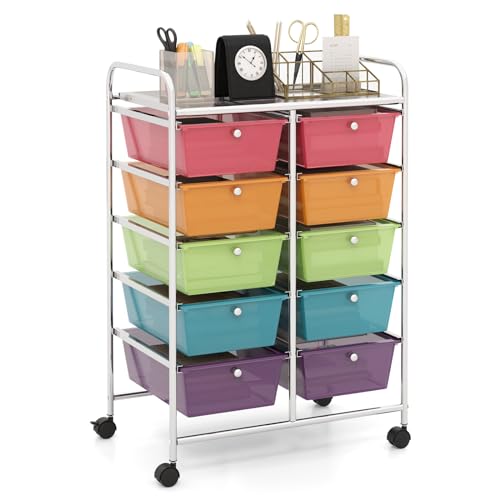 HAPPYGRILL 10-Drawer Rolling Storage Cart, Storage Organizer Cart with Lockable Wheels, Beauty Salon Movable Utility Cart for School, Office, Home, (Clear Colorful) - color: Clear Colorful, size: 10 Drawer