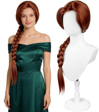 Red Brown Braided Cosplay Wig, Long Synthetic Costume Hair | Adjustable cap included, long red-brown braid for princess costume, Halloween, fantasy dress-up, parties, and role play - color: Red
