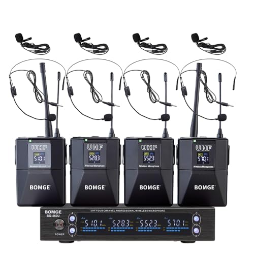 4 Channel UHF Wireless Microphone System with Lavalier Headset Mics, 4x50 Adjustable Frequencies, Ideal for Karaoke Meeting Church, 300ft Range (4 Bodypack)