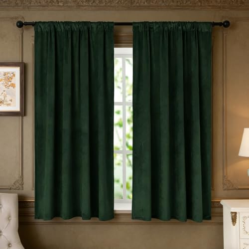 nanbowang Dark Green Velvet Curtains - 42 Inches Width 63 Inches Long Soft Curtain Rod Pocket Thermal Insulated Window Treatment for Bedroom 2 Panels - color: Dark Green, size: 42"W x 63"L (Pack of 2)