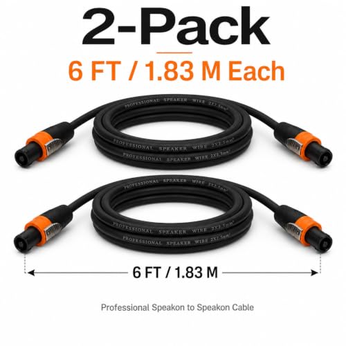 Speakon Cable 6ft 2 Pack — 12AWG OFC NL4FC Twist-Lock Speaker Wire for PA System, DJ Booth, Stage Monitor, Subwoofer, Bass Cabinet, Church & Touring Production