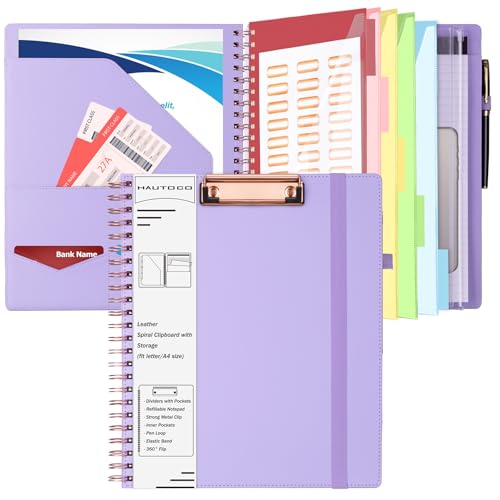 HAUTOCO Spiral Leather Clipboard Folio with Notepad (8.5 x 11''), 5 Folders with 10 Pockets, Storage Zipper Pouch, Pen Loop, 39 Stickers, Padfolio Organizer for Work School, Lavender - color: Lavender