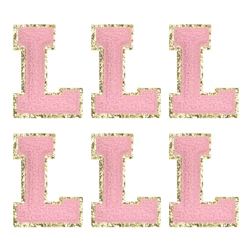 MECCANIXITY Chenille Letter Patches 2.2" Self Adhesive Alphabet L Stick on Embroidered Patch Sew on Letter Stickers Applique for Repairing Clothing Jeans Shoes Hats DIY(Pink, Pack of 6) - style: Letter-L