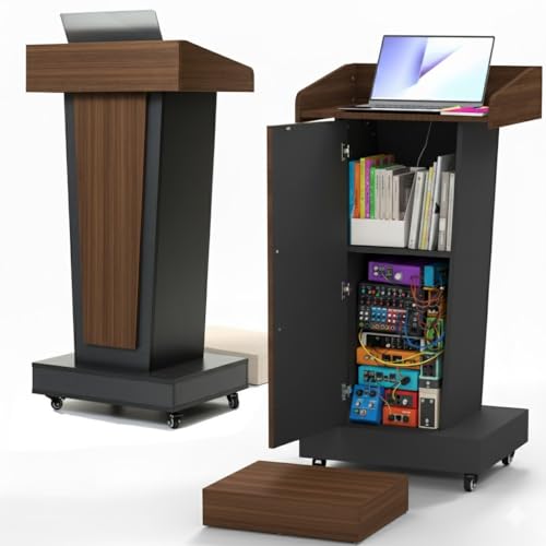 Wooden Podium Stand with Wheels, Stool and 2 Tier Storage, Wood Lecterns and Podiums with Storage, Premium Pulpits for Classrooms, Churches, and Conferences, 16MM Scratch-Resistant Finish - color: Brown/Grey