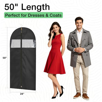 5 Pack - Moucas 50" Black Garment Bag, Mens Suit Bags for Closet Storage and Travel, Garment Bags for Hanging Clothes, Suit Cover Bags with Zipper for Coats, Dresses, Shirts - size: 50''- 5 Pack