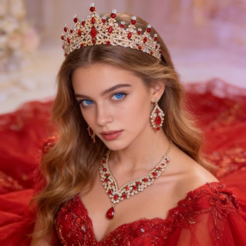 Tiaras Crowns for Women,Wedding Jewelry Set, Tiaras Necklace Earrings Crystal Bridal Wedding Jewelry Sets for Brides Bridesmaid Prom Costume Accessories - color: Gold Red
