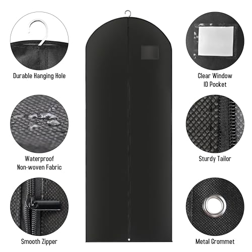 Black Long Dress Garment Bags for Hanging Clothes Travel, Set of 3 Portable Men's Business Travel Suit Bags,Clothes Protector Waterproof for Long Coat, Fur, Mink, Gown (63x23.8 inch) - size: 3 Pcs 63x23.8 In
