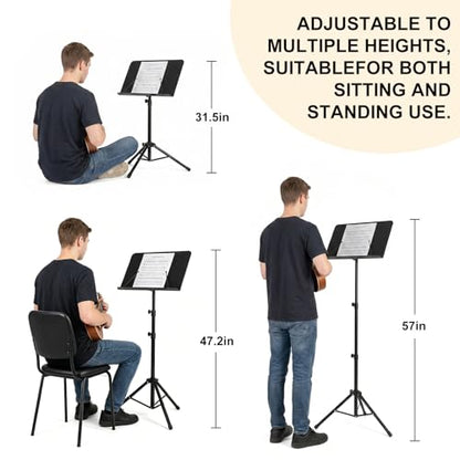 AODSK 5 in 1 Dual-Use Folding Sheet Music Stand & Desktop Book Stand, Adjustable Height Portable Music Stand with Carrying Bag, Sheet Music Clip & Book, for Home School Band, Black