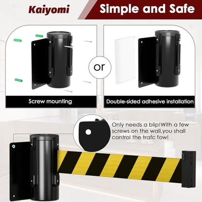 kaiyomi 11 Feet Retractable Belt Barriers Wall Mount (Black & Yellow Belt) | Crowd Control Barriers with Black Steel Case, Stainless Steel Spring Expansion Belts - color: Black and Yellow, size: 11 Feet Upgraded
