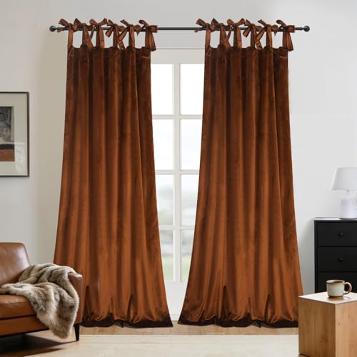 Velvet Tie Top Room Curtain Set- Honey Brown Velvet Drapes Bow Tie Design for Living Room/Bedroom W52 x L96-inch, 2 Panels - color: Honey Brown, size: 52"W x 96"L (Pack of 2)