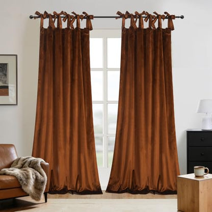 Velvet Tie Top Room Curtain Set- Honey Brown Velvet Drapes Bow Tie Design for Living Room/Bedroom W52 x L96-inch, 2 Panels - color: Honey Brown, size: 52"W x 96"L (Pack of 2)