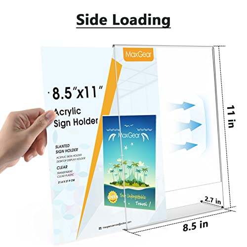 MaxGear Acrylic Sign Holder, 8.5 x 11 L-Shape Plastic Display Stand, 3 Pack | Clear Acrylic Material, L-Shape Design for Menus, Flyers and Signs, Easy Paper Insertion, Use In Office, Home, Store
