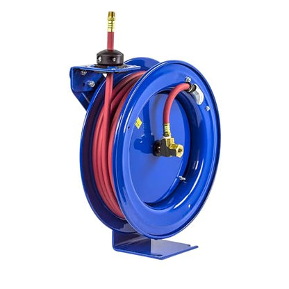 Coxreels ¼” ID P-LP-150 Low Pressure Retractable Air/Water Hose Reel | Powder Coated Steel | Retractable Garage Hose | Commercial Hose Reel | Fits 50’ Hose | 6.75” x 18.63” x 17.13” - size: 1/4", style: 50' - Blue