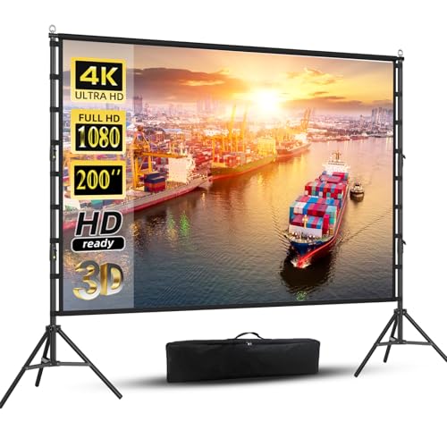 200 inch Projector Screen with Stand,HUANYINGBJB Outside Projection Screen, Portable 16:9 4K HD Rear Front Movie Screen with Carry Bag for Theater Backyard Movie Night,Cinema School, Churches