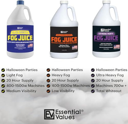 Essential Values Fog Machine Liquid - High Density Party Fog Juice (128 FL OZ / 1 Gallon) – for Water Based Foggers, Perfect for 400 Watt - 1500 W Machines – Manufactured in USA - size: 1 Gal - High Density