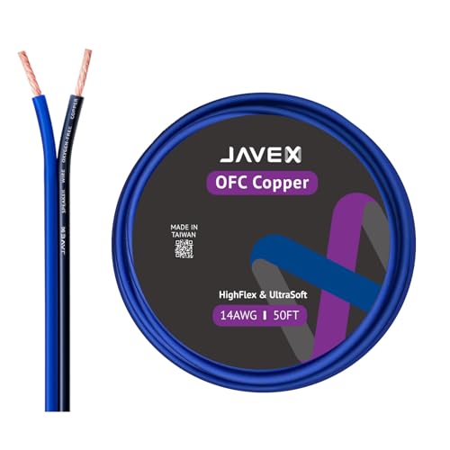 JAVEX Speaker Wire 14 Gauge 50FT Oxygen-Free Copper Audio Cable, Blueblack | 14AWG 2 Conductors HighFlex Cable for Automotive Stereo, Home Theater, In-wall and Commercial Sound System, Audio Cable DIY - size: 50FT, style: 14AWG