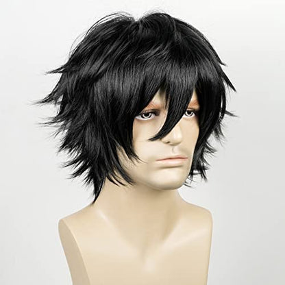 LABEAUTÉ Short Black Anime Cosplay Wig Male Men Anime Layered Unisex Heat Resistant Hair Wig with Bangs for Party and Halloween for Gift + Free Cap - color: Black