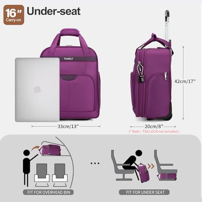 Underseat Carry on Luggage with Wheels,16-inch Airline Approved Personal Item Stylish Softside Underseater Suitcases with Wet/Dry Pockets,Overnight Rolling Carry-on Bag for Short Trip, Purple - color: Purple