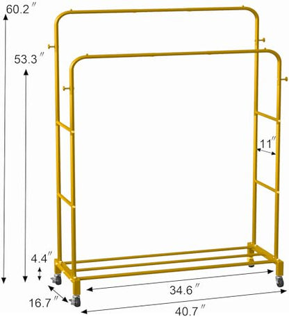 Sooyee Double Rod Clothing Rack with Wheels,3 Tier Garment Racks for Hanging Clothes,Portable Clothes Rack with 4 Hooks for Bedroom,Laundry Room,Gold - color: Gold