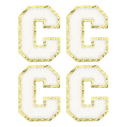 MECCANIXITY Chenille Letter Patches 3.1" Alphabet C Iron on Embroidered Patch Sew on Letter Stickers Applique for Repairing Clothing Jeans Shoes Hats DIY(White, Pack of 4) - style: Letter-C