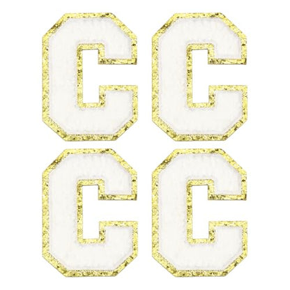 MECCANIXITY Chenille Letter Patches 3.1" Alphabet C Iron on Embroidered Patch Sew on Letter Stickers Applique for Repairing Clothing Jeans Shoes Hats DIY(White, Pack of 4) - style: Letter-C